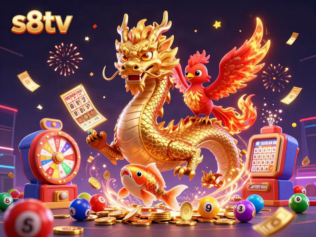 Experience thrilling gameplay with S8TV's exciting animation featuring a dragon, phoenix, and koi in a vibrant casino setting.