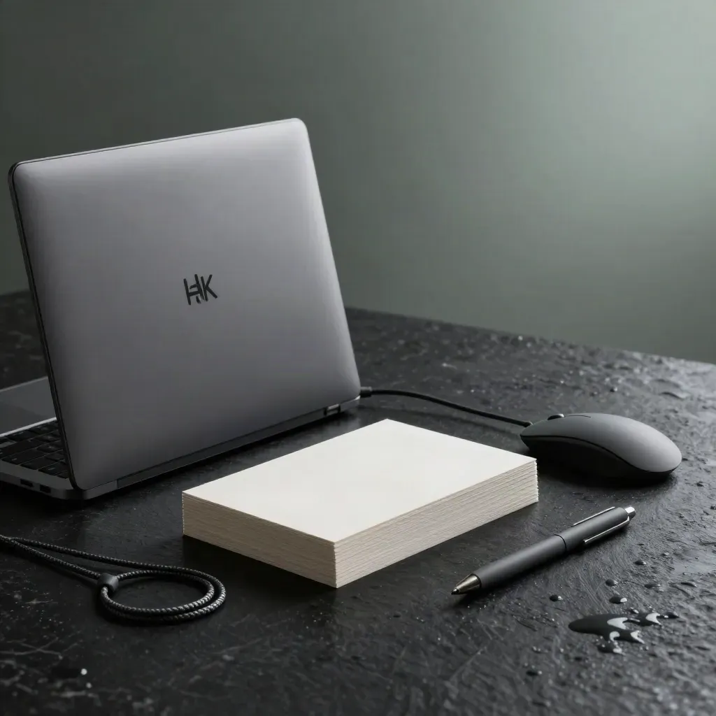 Laptop graphite, cartes blanches, souris et câble sur une surface sombre, dans une ambiance premium et brumeuse.