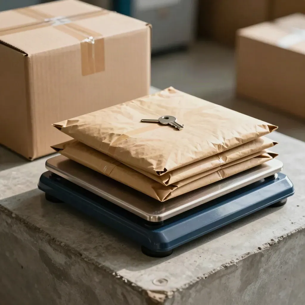 Balance de colis, mailers kraft et boîtes fermées sur un plinth en béton, lumière dramatique.