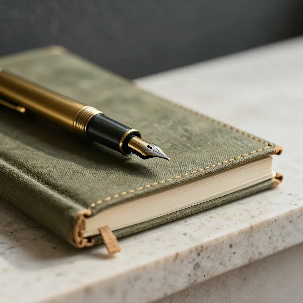 Gros plan latéral d’un presse-papiers en laiton, d’un stylo plume et d’un carnet en toile olive.
