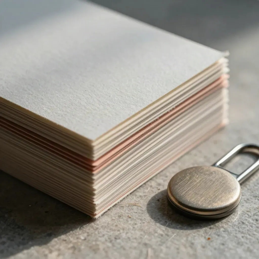 Pile de cartes, pince câble et jeton mat sur pierre, lumière rasante et fond sombre flou.