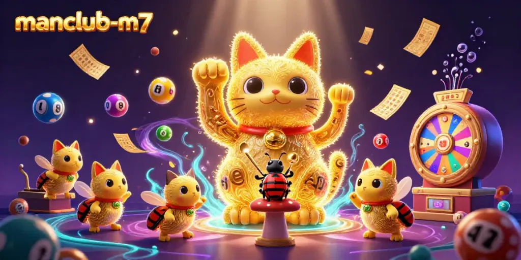 Experience the magic of manclub-m7 with a vibrant 3D casino illustration of lucky symbols and golden fireflies.