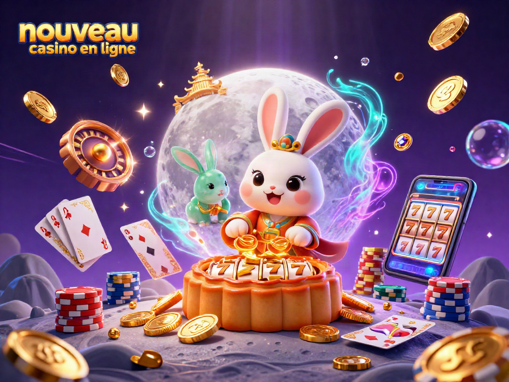 Illustration d’un nouveau casino en ligne avec un lapin lunaire révélant des symboles de machines à sous.