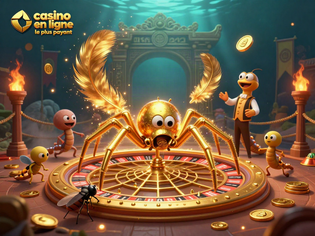 Représentation d'un spider d'or au casino en ligne le plus payant, entouré de jeux et de paris captivants.
