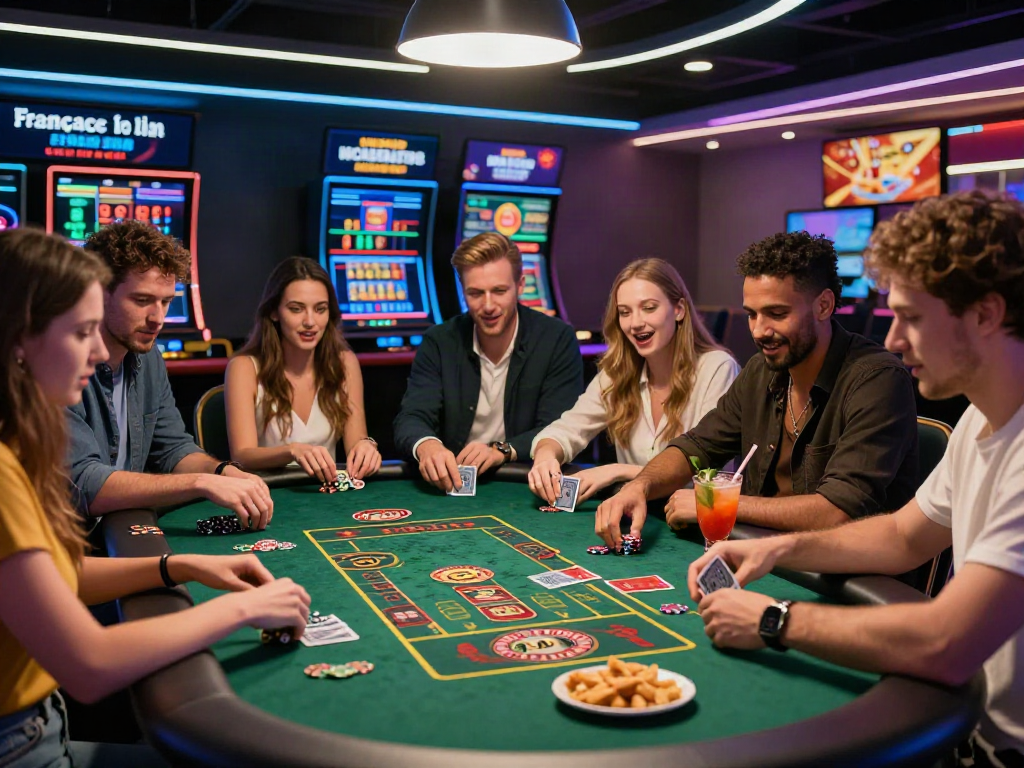 Scène de casino français en ligne avec des amis jouant aux cartes et aux jeux de table.