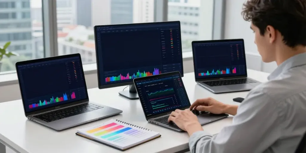 Analyse du marché de l'actualité crypto et DeFi avec un analyste étudiant des graphiques et des tendances.