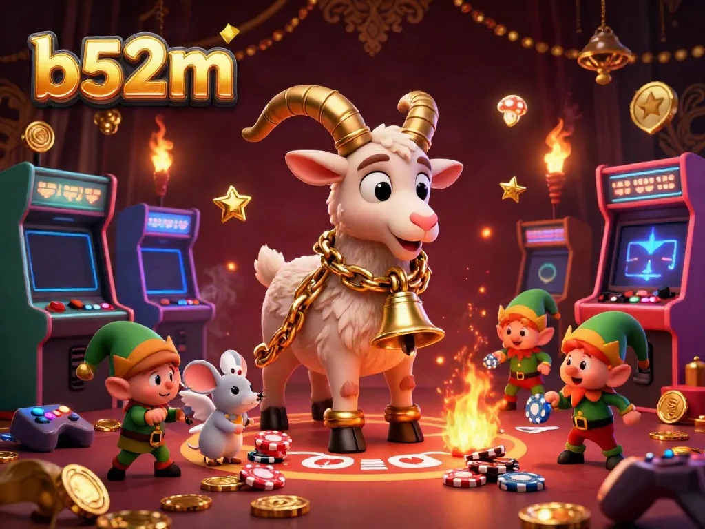 Experience the thrill of b52m's holiday-casino with Krampus, mouse, and naughty elves in an illustrated scene.