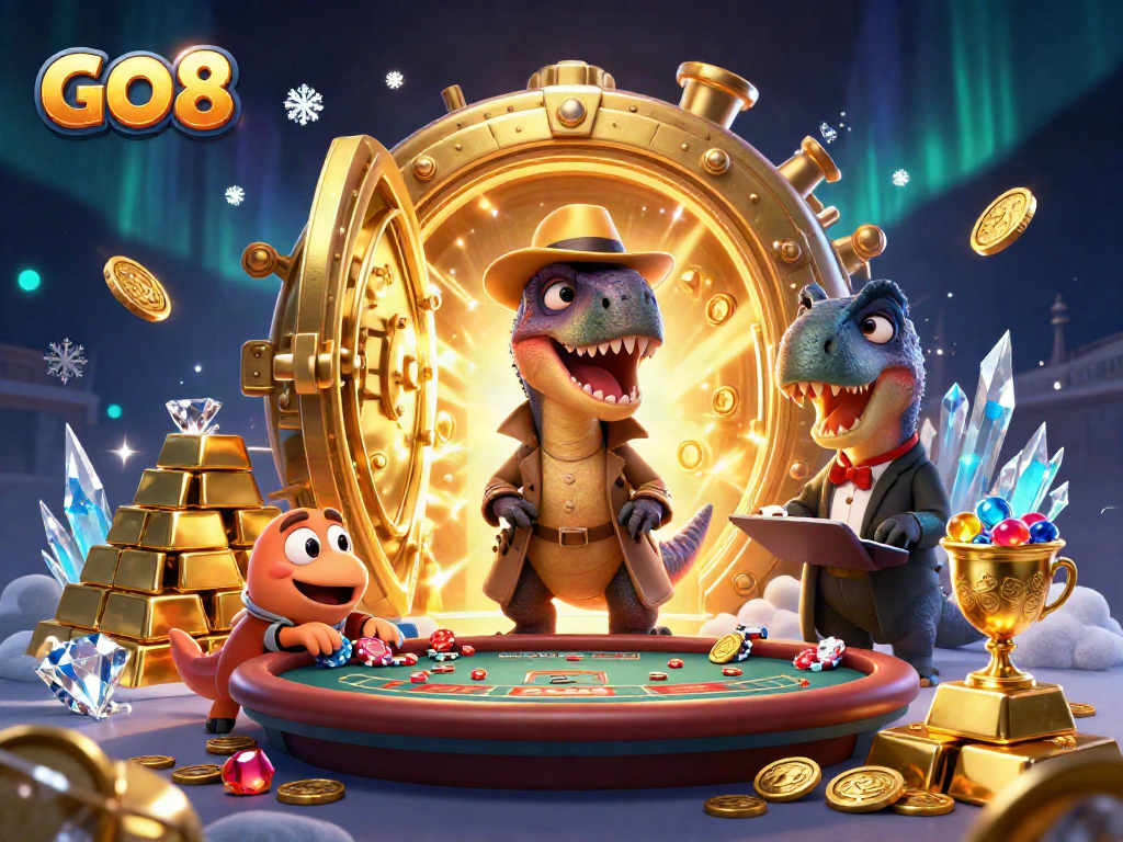 GO 8 game scene features a velociraptor card counter at blackjack, with a pit boss and pickpocket sneaking chips.