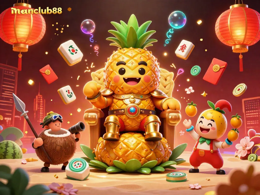 Experience the gaming thrill with manclub88's vibrant casino scene featuring a golden pineapple king.
