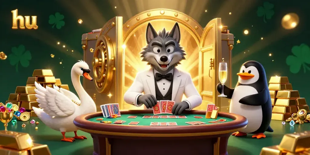 Experience the energy of hu gambling with a rich 3D scene featuring a wolf in a tuxedo, a swan dealer, and a penguin sommelier.