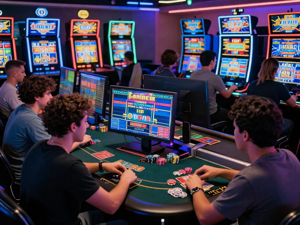 Un groupe de joueurs engagés dans un casino en ligne, entouré d'écrans de jeux et de jetons de mise.