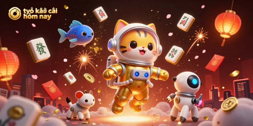 Engage with tỷ lệ kèo nhà cái hôm nay through a vibrant 3D scene of a space explorer cat and robot dog in a cosmos of gaming symbols.