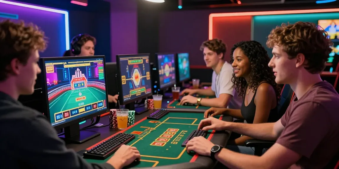 Des amis jouant à un casino fiable en ligne, ambiance festive et moderne.