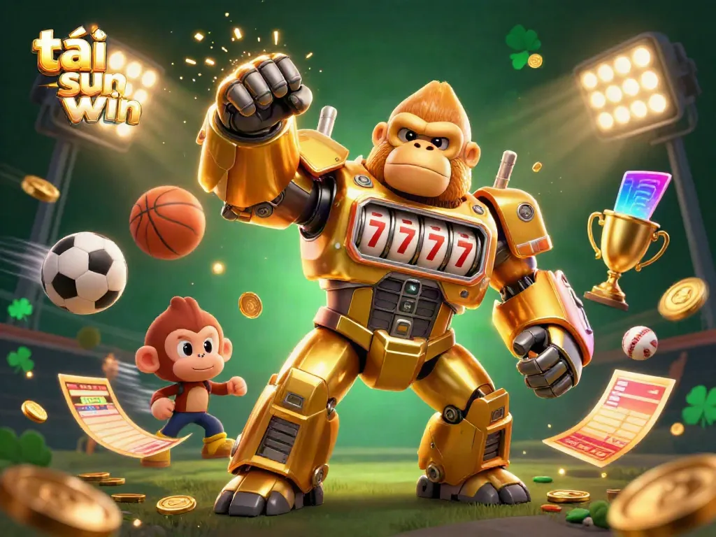 Experience excitement with tải sun win; golden gorilla mech and sports elements come alive in a dynamic 3D scene.