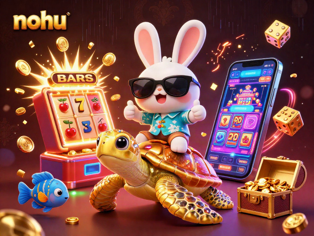 Nohu casino illustration of a lucky rabbit and golden sea turtle celebrating jackpot wins.