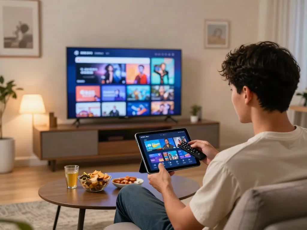 Un utilisateur d'Atlas Pro ONTV regardant des émissions sur une tablette dans un salon moderne.