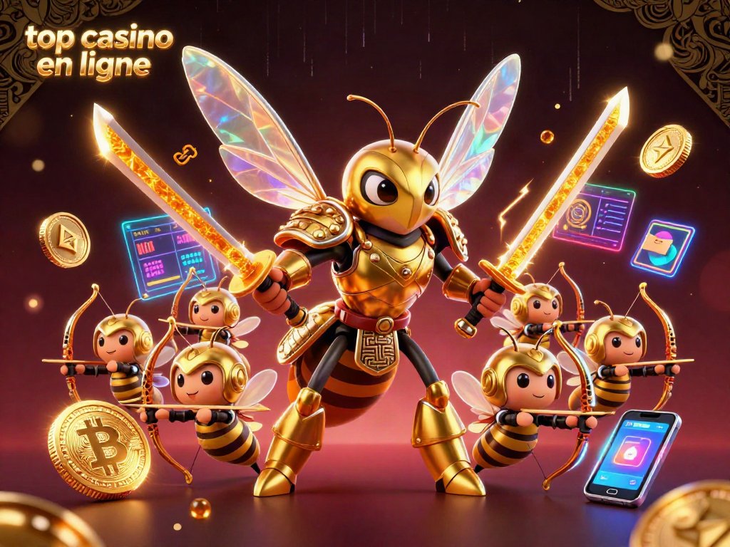 Visuel dynamique de meilleur casino en ligne, illustrant un frelon doré en armure samouraï avec des archers abeilles, des pièces de crypto et des éléments de jeux.