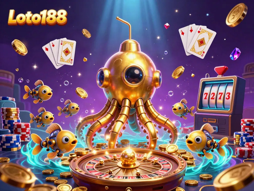Experience the thrilling Loto188 gaming world with a golden kraken submarine and rich casino elements.