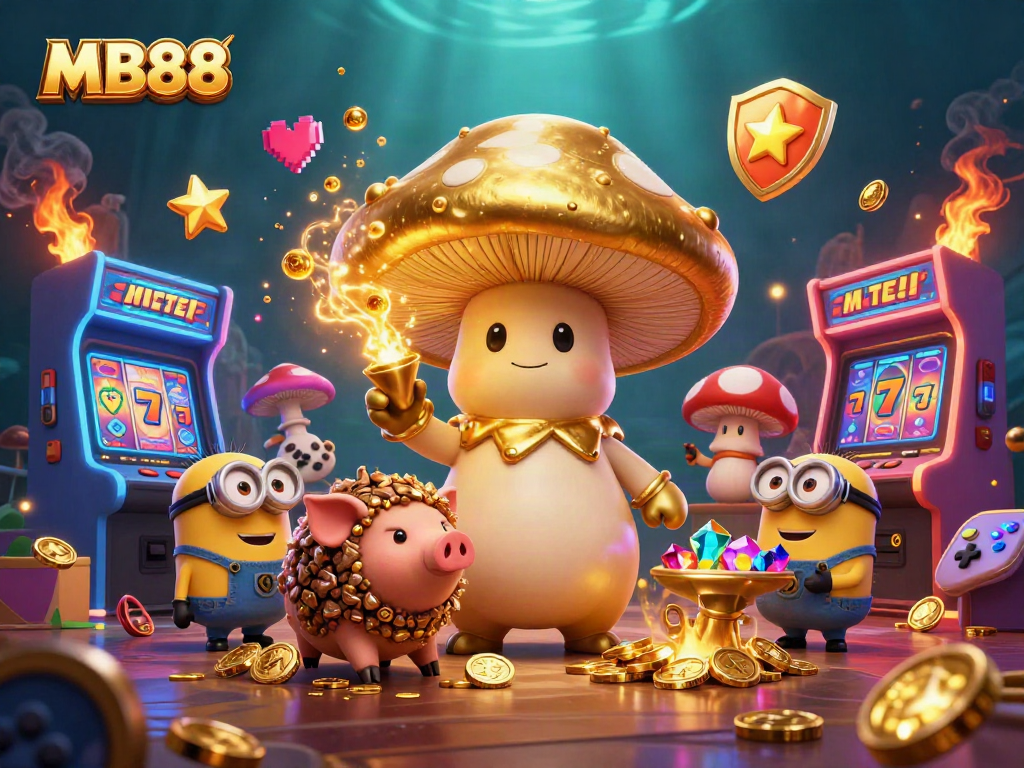 Engage with MB88's golden wizard and treasuring pig in an energetic casino-themed scene.