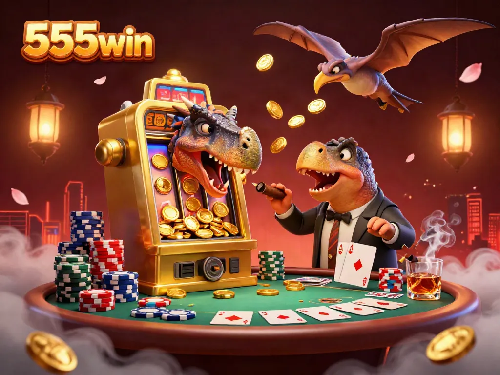 Engage in the 555win experience as a pachycephalosaurus activates a jackpot, capturing thrilling casino moments.