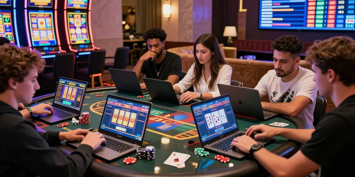 Nouveau casino en ligne avec joueurs engagés dans des jeux de casino et ambiance festive