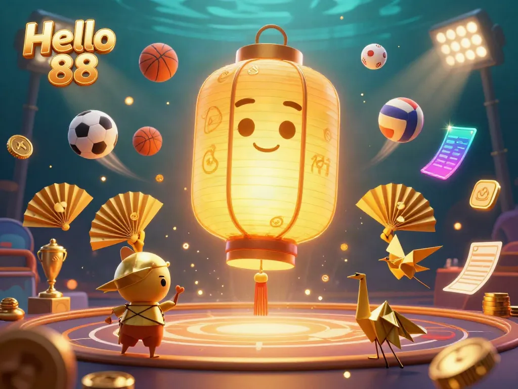 Experience the thrill of Hello 88 casino with dynamic sports elements and golden lantern spirits in an enchanting scene.