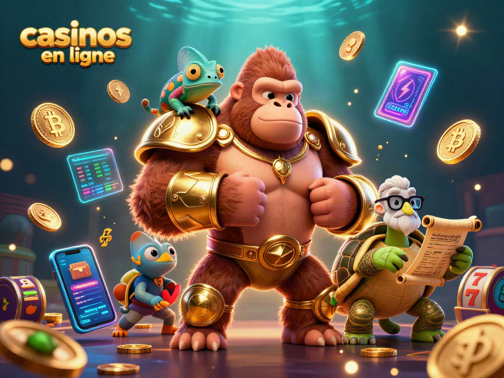 Jeu captivant dans les casinos en ligne avec un gorille 3D et des éléments de machines à sous.