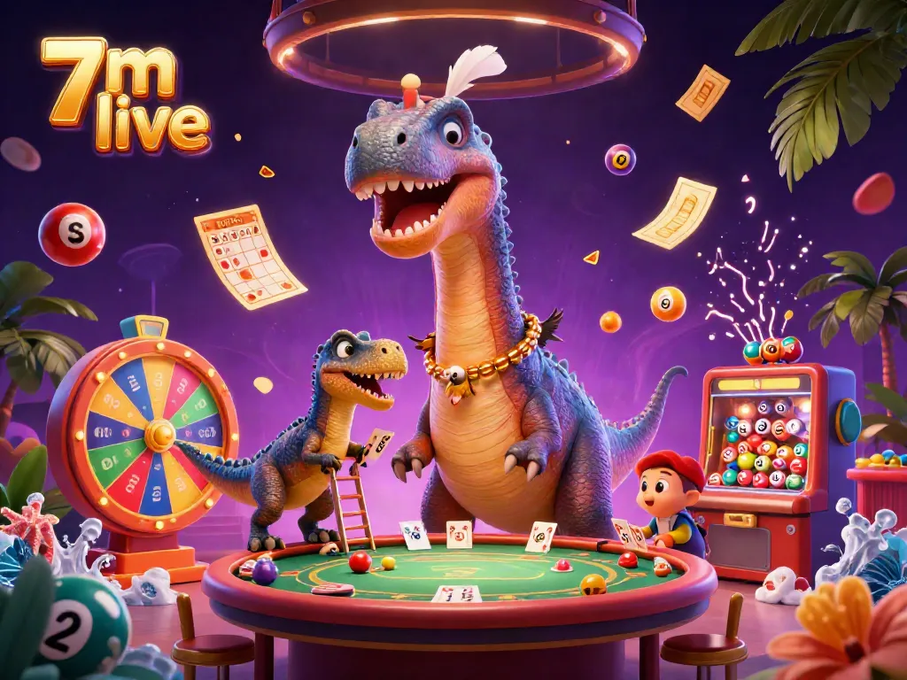 Experience thrilling 7m live gaming with a cartoon brontosaurus and dynamic casino elements.