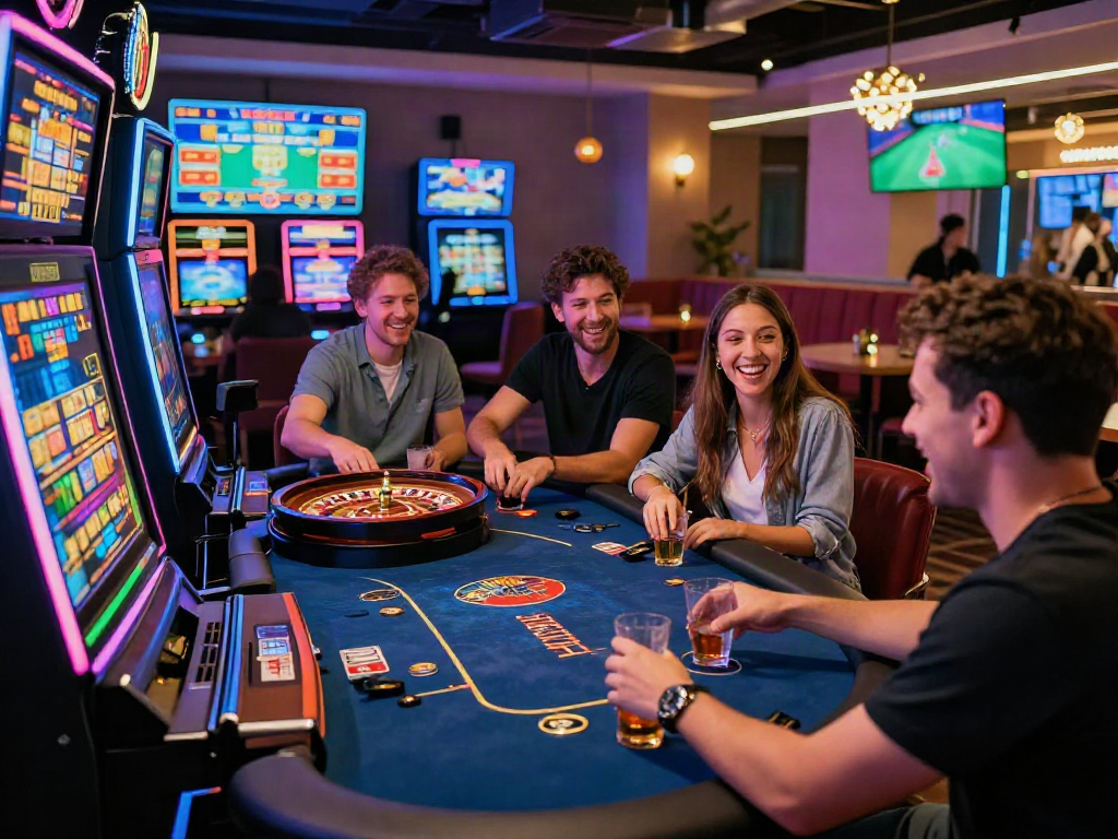 Expérience de jeu dans un casino fiable en ligne, joueurs riant et s'amusant ensemble.