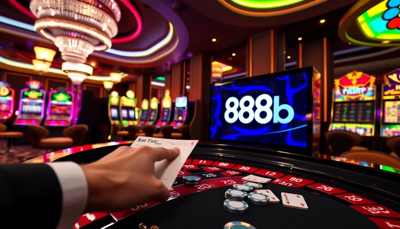 Experience the thrilling action of 888b at a luxury casino with vibrant lights and dynamic games.