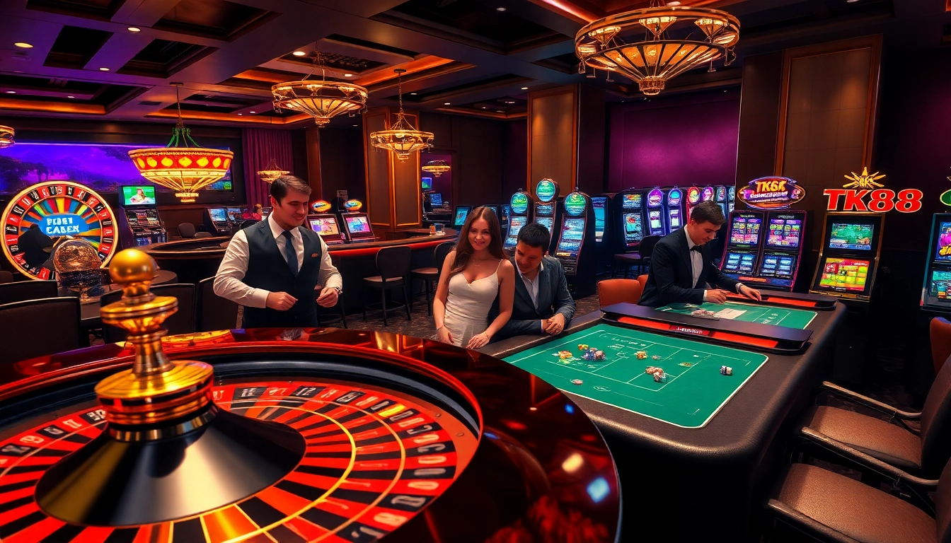 Dynamic gaming scene at https://tk88t.org/ featuring roulette and poker tables, showcasing excitement.