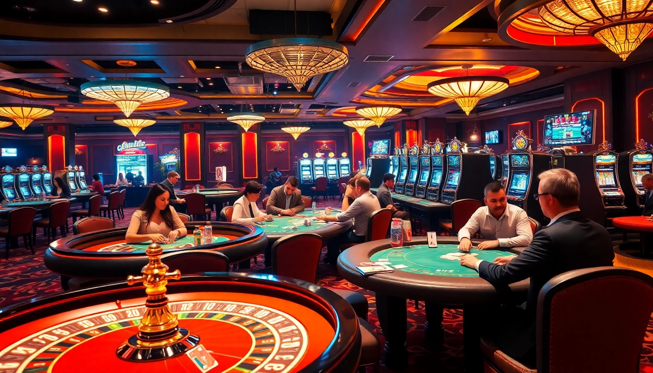 Players enjoying a thrilling moment at rik vip casino tables, surrounded by vibrant slot machines and roulette wheels.