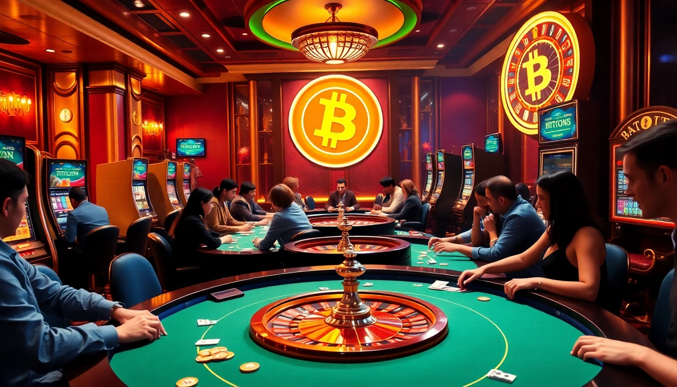 Exciting gameplay at a Bitcoin casino, featuring vibrant tables and modern slot machines.