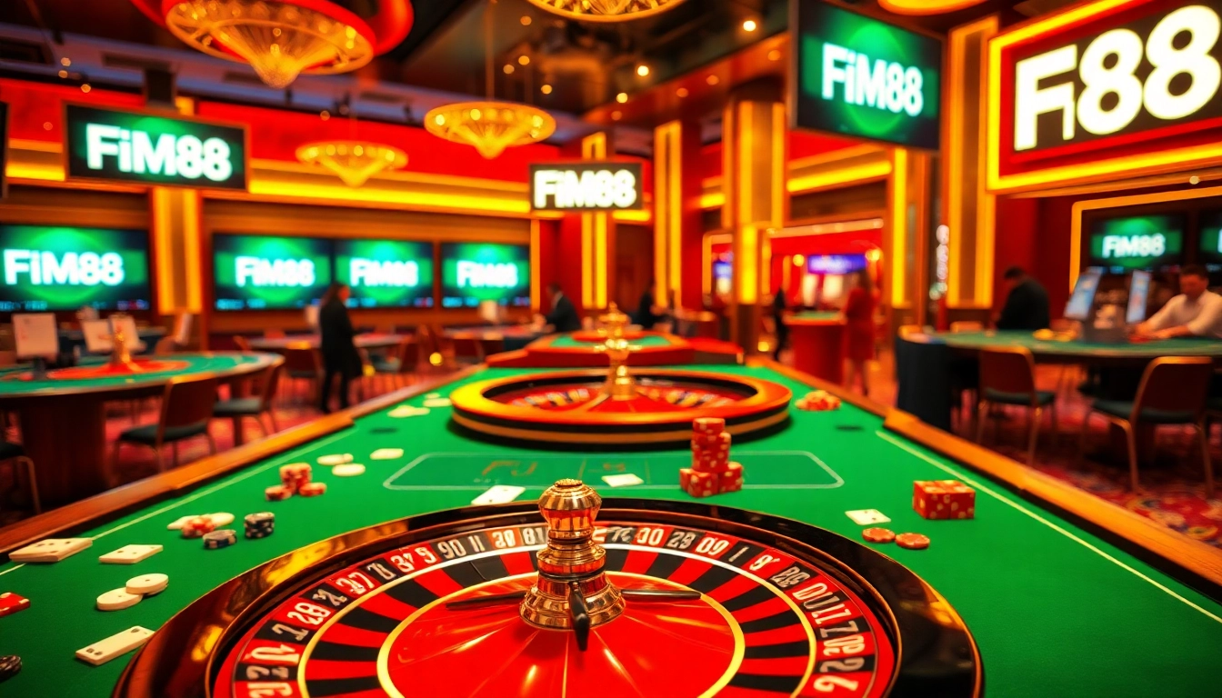Experience the thrill of FM88 with exciting gameplay at casino tables full of poker chips and cards.