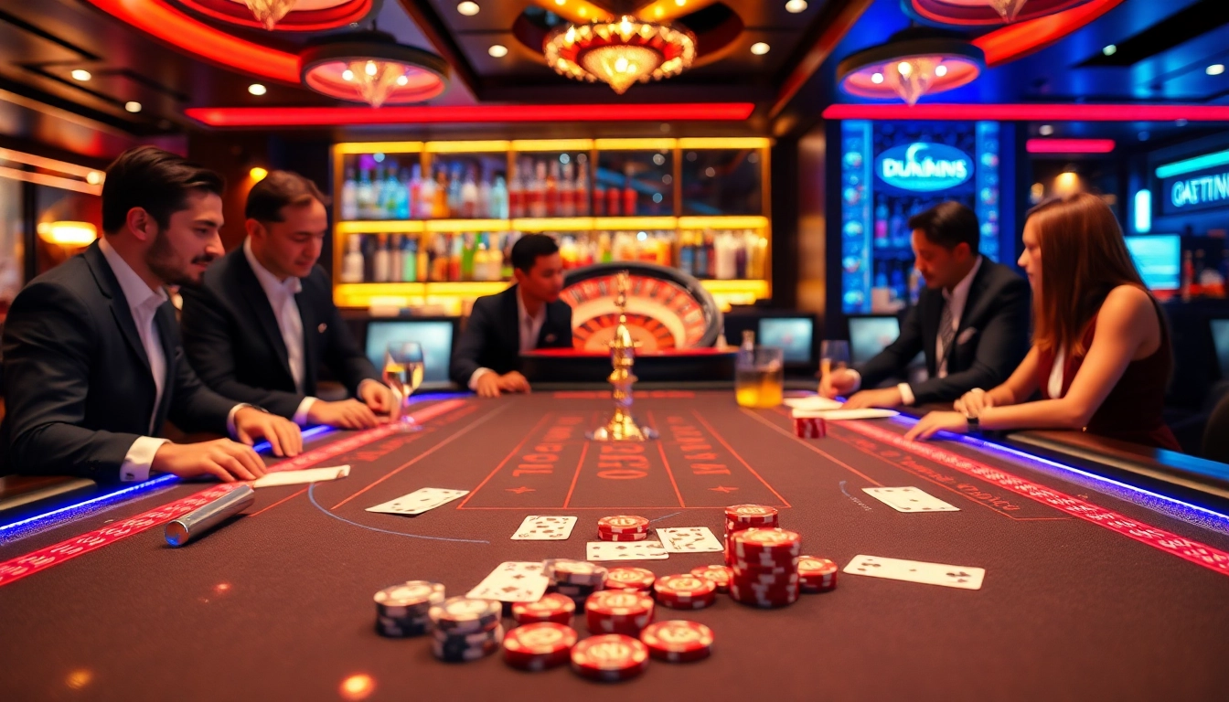 Players engaging intensely in poker at the DH88 casino with high-stakes chips and vibrant lights.