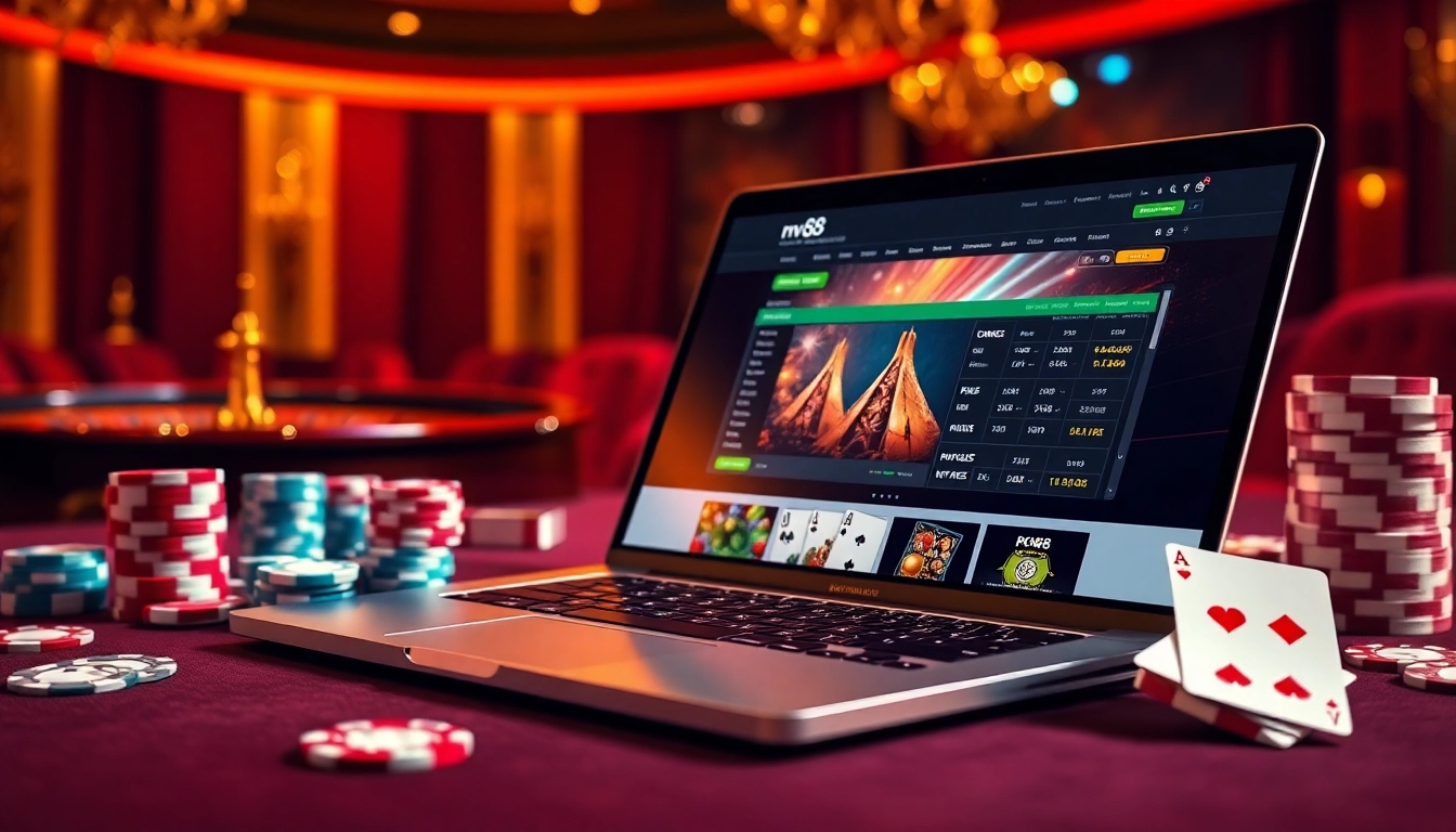 Gamblers enjoying an exciting gaming experience on mv88 with vibrant casino elements.