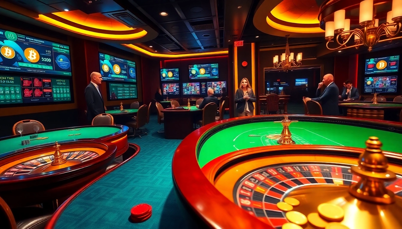 Experience the thrill of a Bitcoin casino with live poker and roulette games, creating an exciting gambling atmosphere.