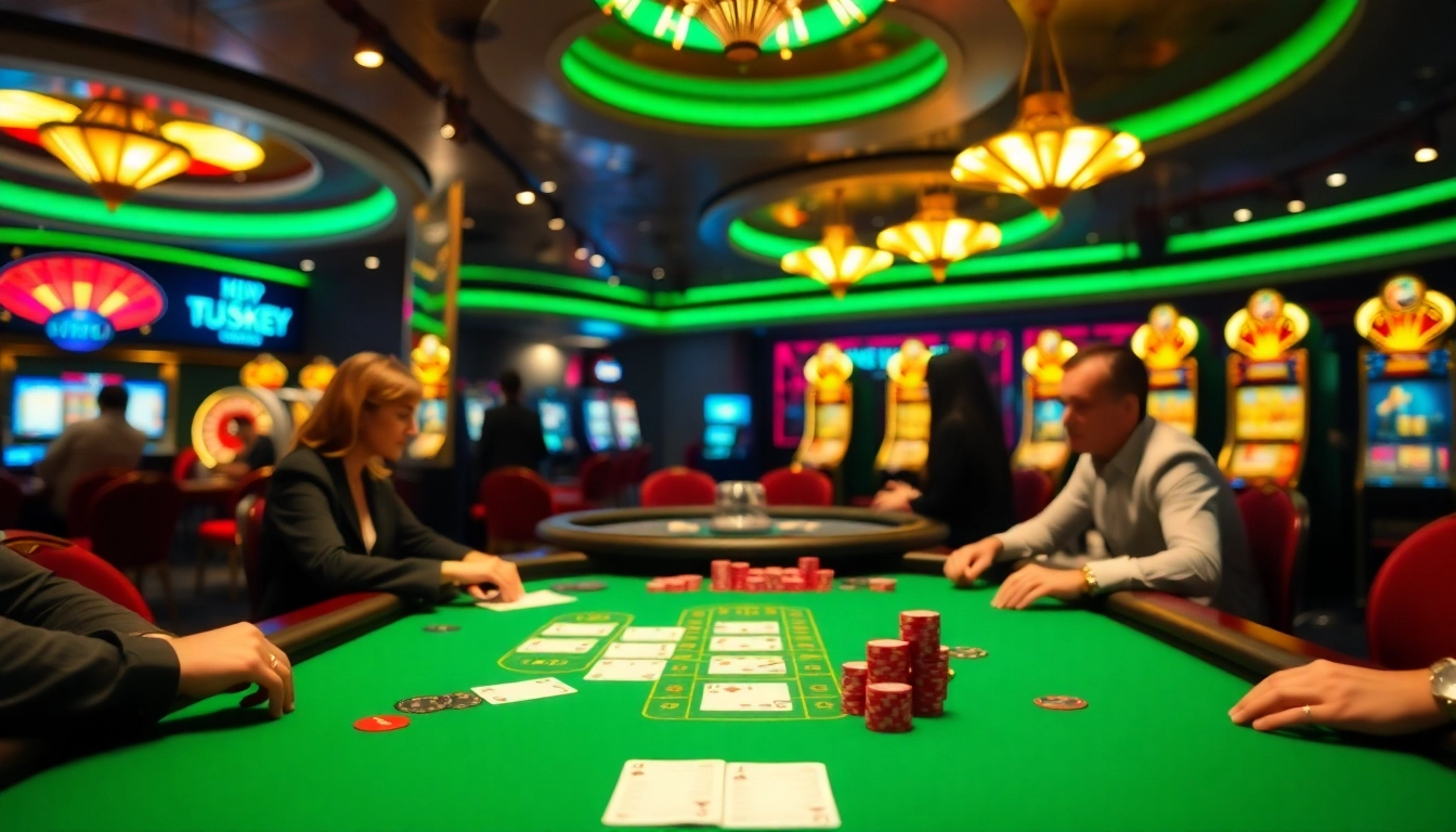 Players strategizing and betting at a LUCK8 COM blackjack table in a vibrant casino setting.