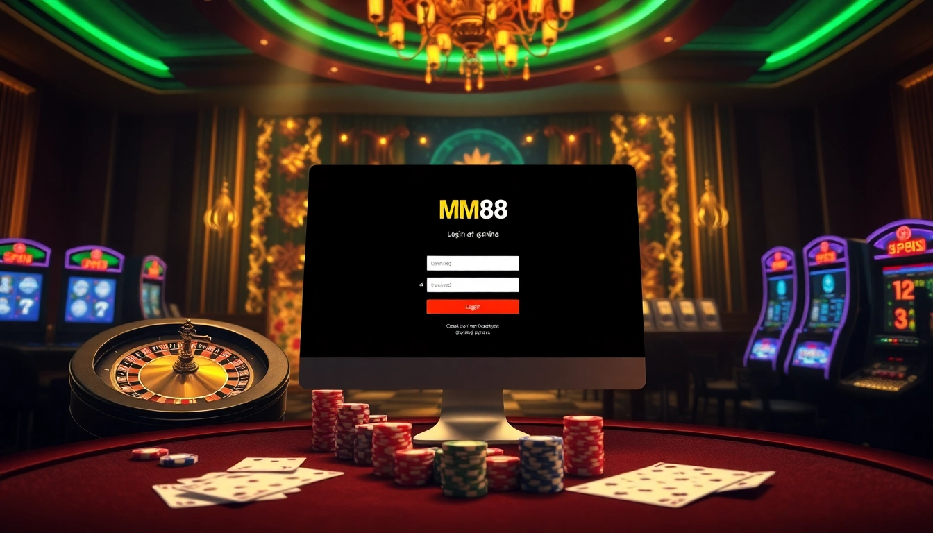 Experience excitement with mm88 đăng nhập in a vibrant casino gaming scene featuring slot machines and poker chips.