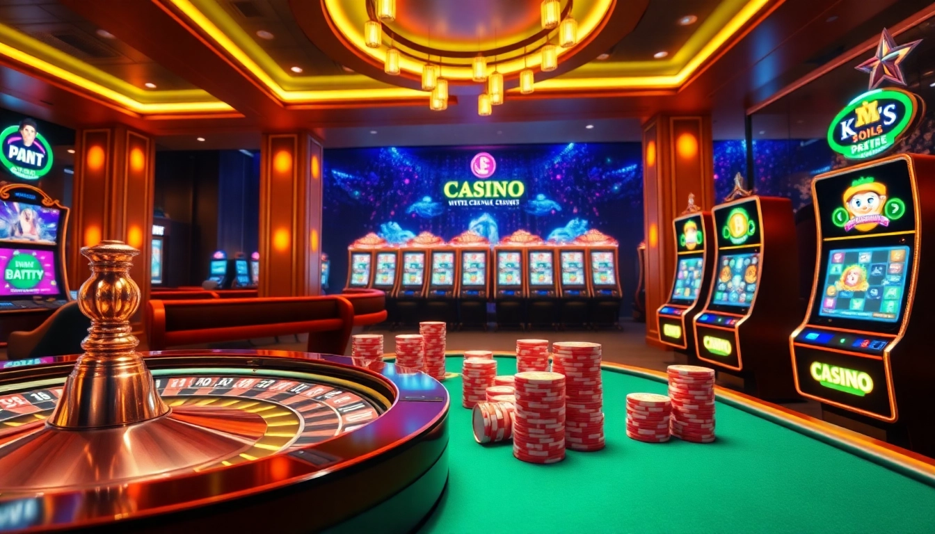 Exciting casino crypto gaming scene featuring a digital roulette wheel and vibrant slot machines.