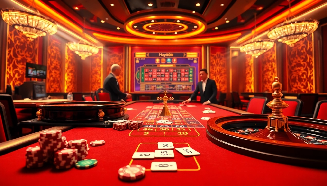 Experience the excitement of Hay88 with an immersive casino scene featuring live games, vibrant colors, and engaging players.
