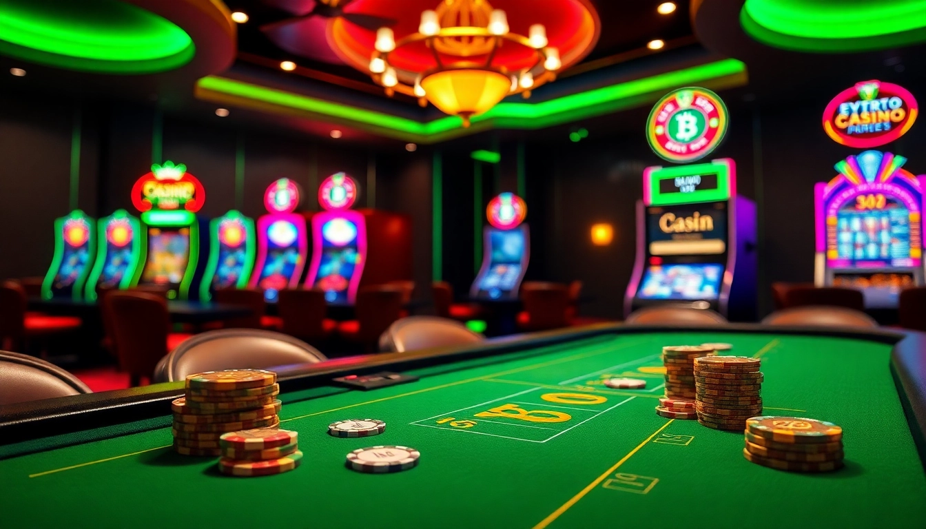 Gambling players enjoying thrilling games at crypto casinos, surrounded by vibrant slot machines.