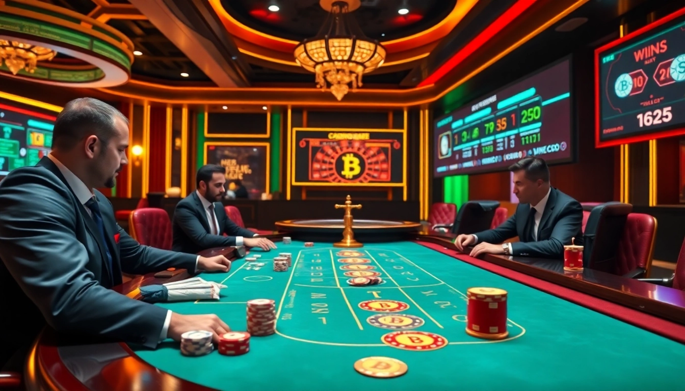 Engaging scene of a casino crypto game with digital currency elements at a luxury gaming table.
