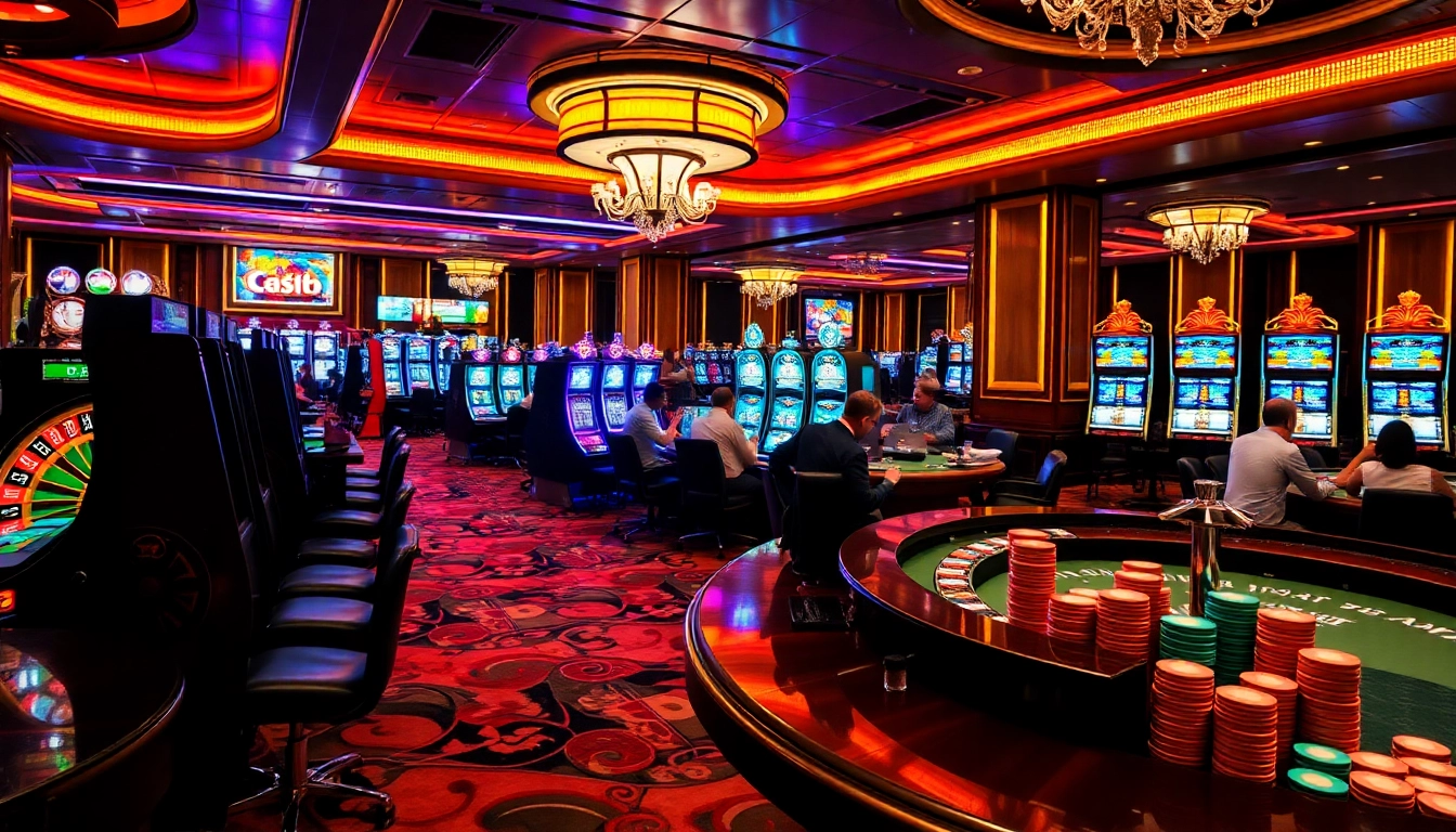 Exciting online casino en ligne atmosphere with players, tables, and slot machines.