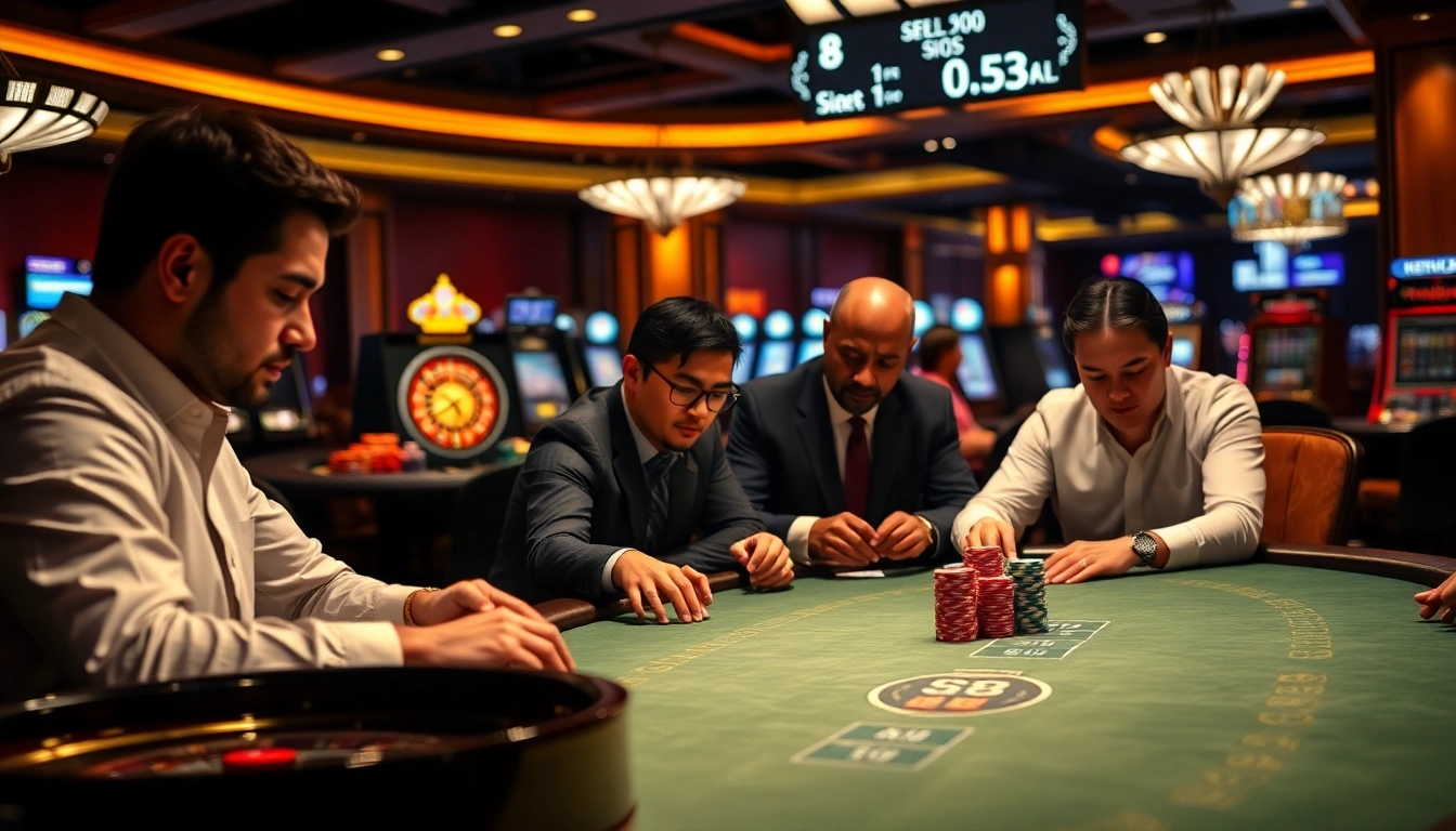 Intense poker game at a casino featuring S8 betting options and colorful chips.