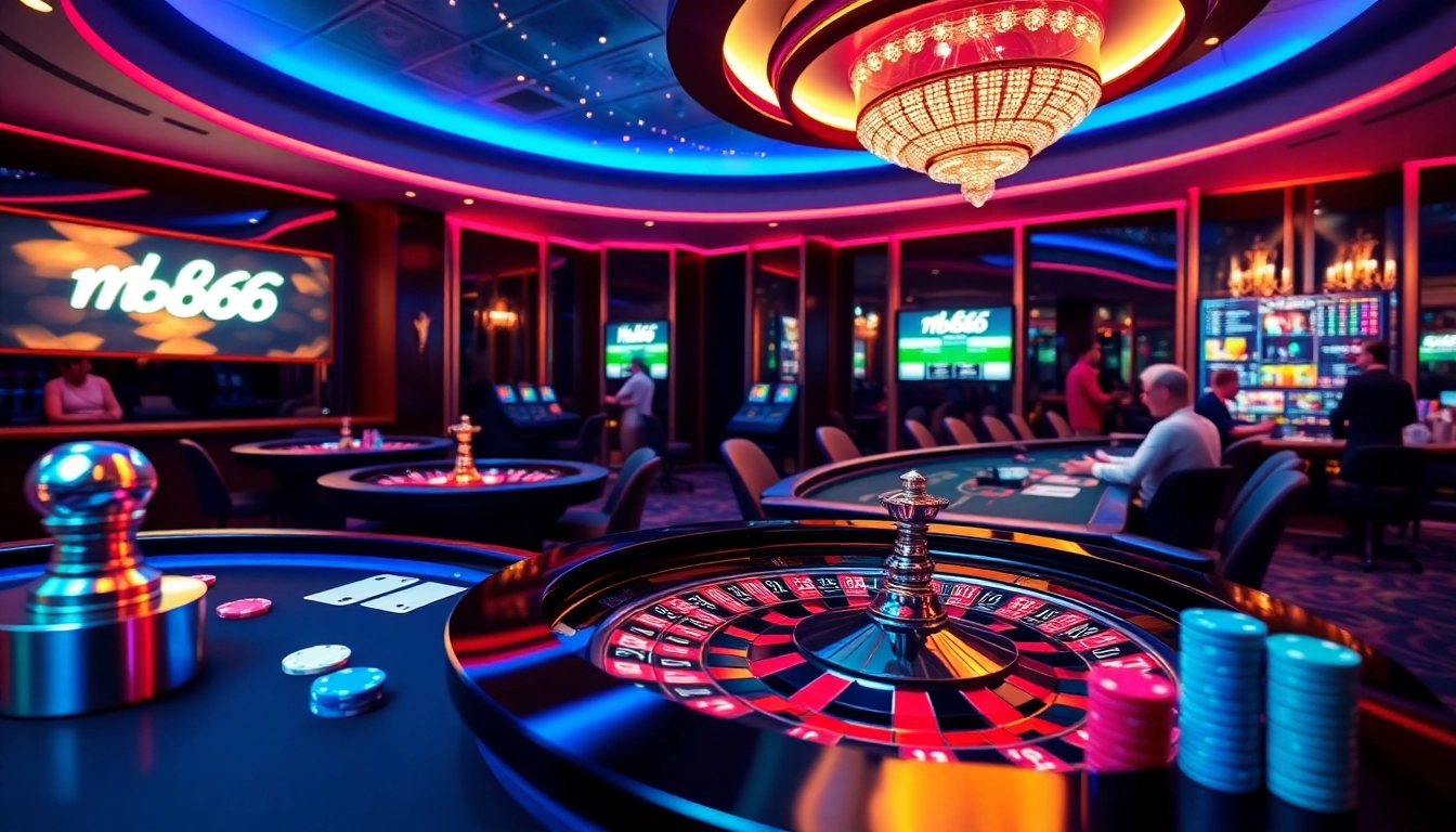 Players enjoying an exciting gambling experience at MB66 casino with poker tables and roulette wheels.