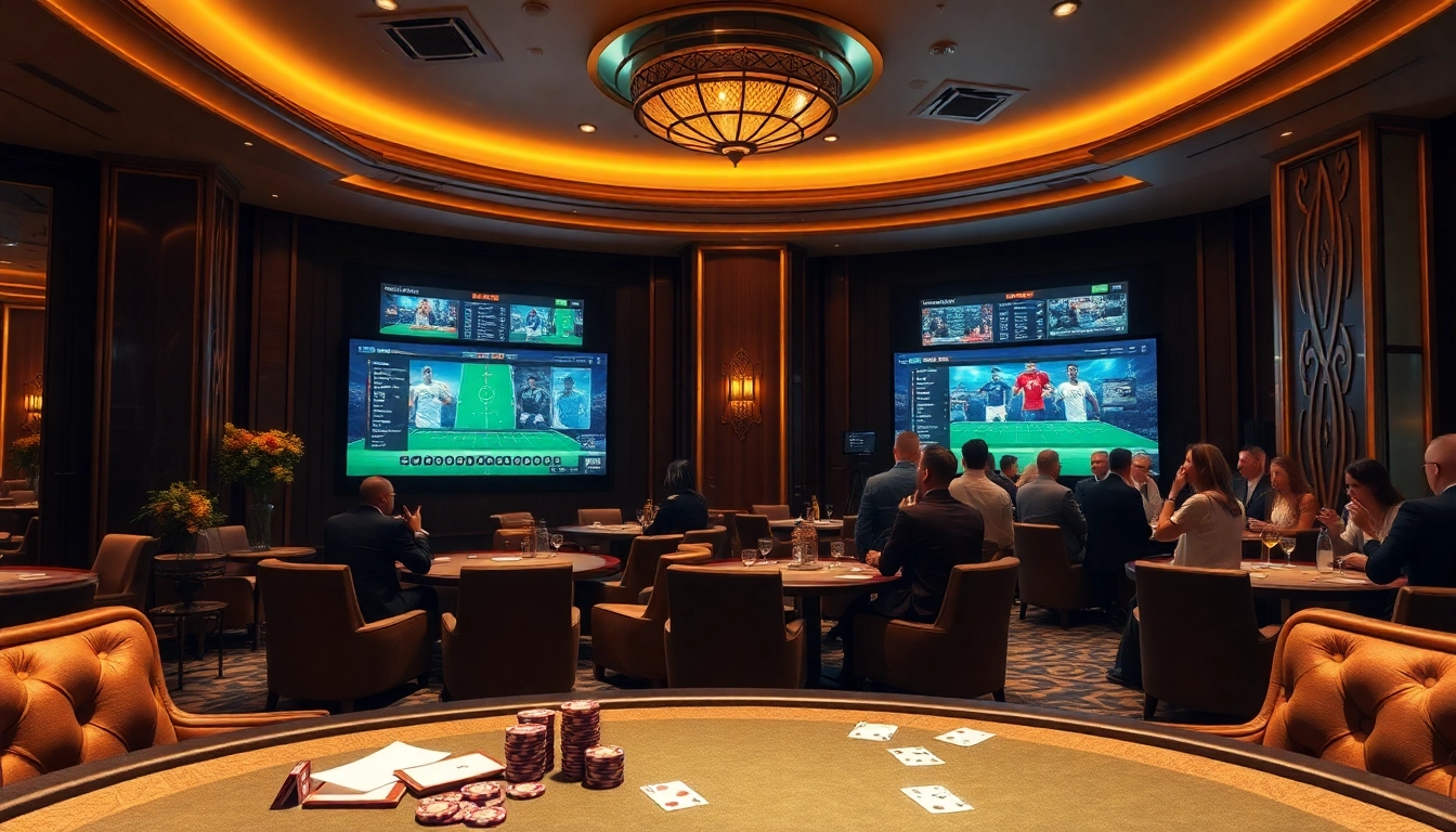 Tỷ lệ kèo nhà cái displayed prominently in a luxurious casino sports betting area with eager gamblers.