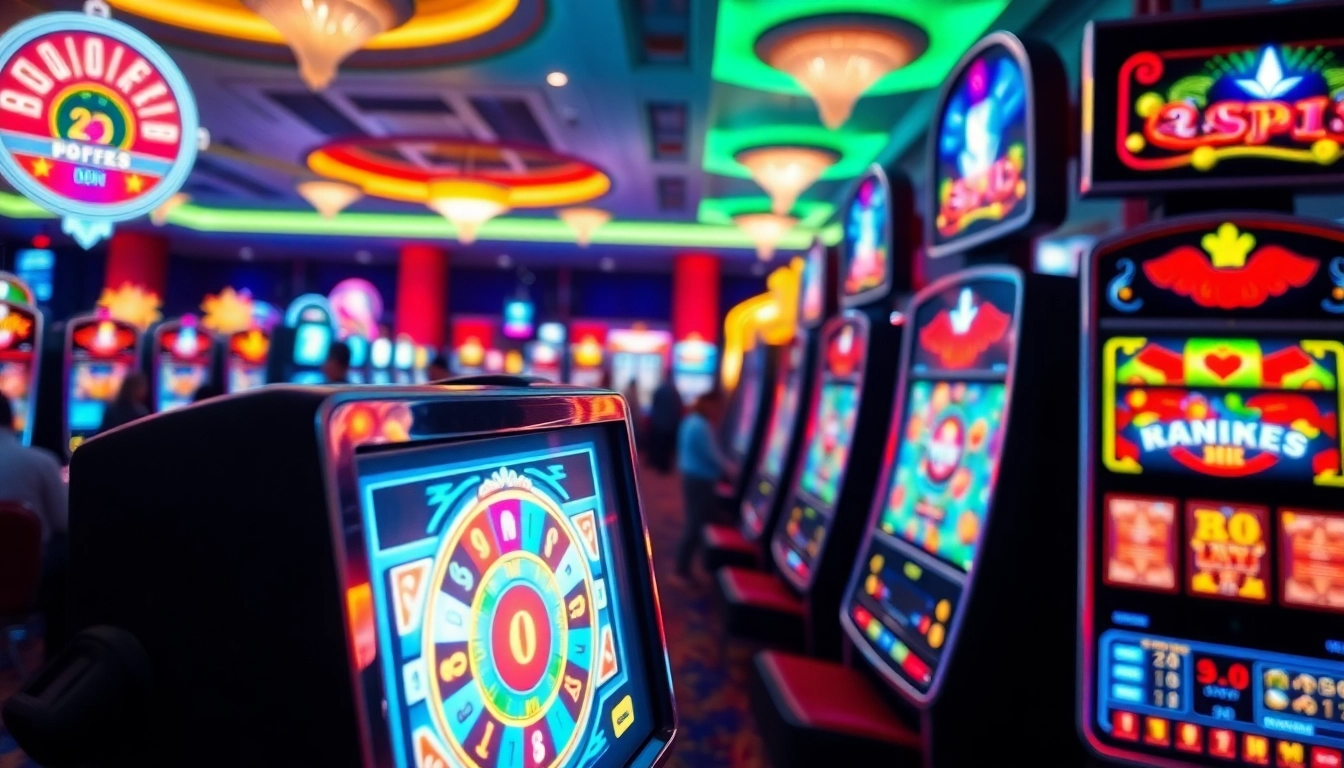 Découvrez les meilleures machines à sous en ligne avec une image captivante de machines colorées en casino.