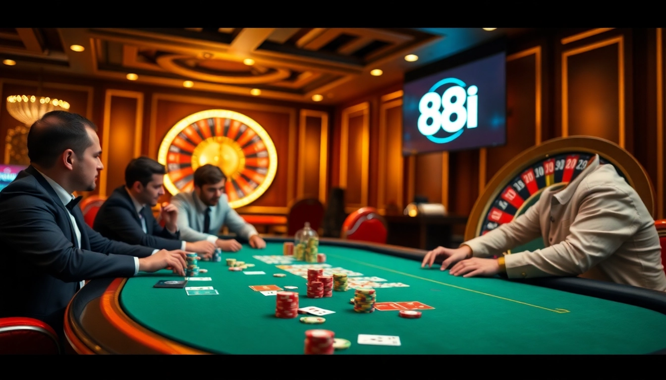 Players at a 88i poker table immersed in an exciting game, with poker chips and a roulette wheel.