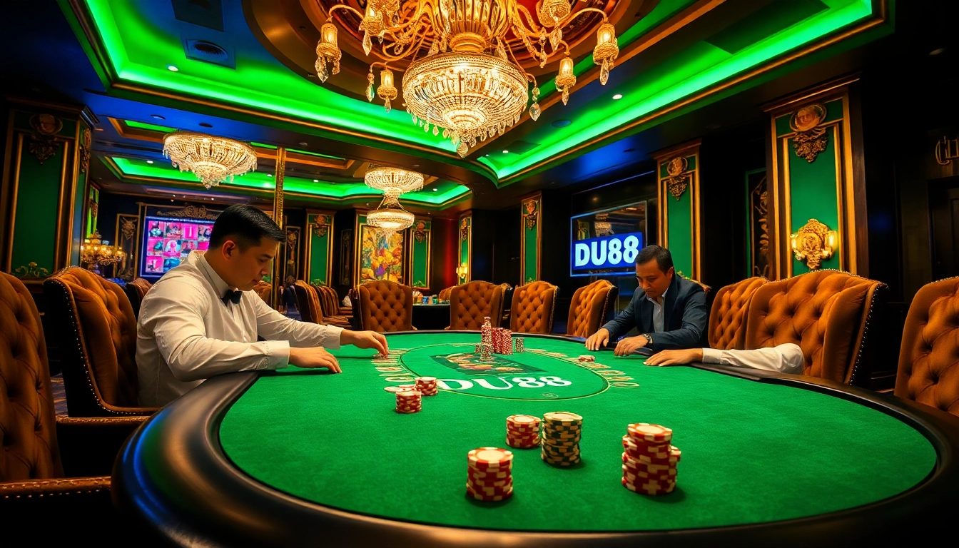 High-stakes poker action at DU88, showcasing vibrant chips and a luxurious casino atmosphere.